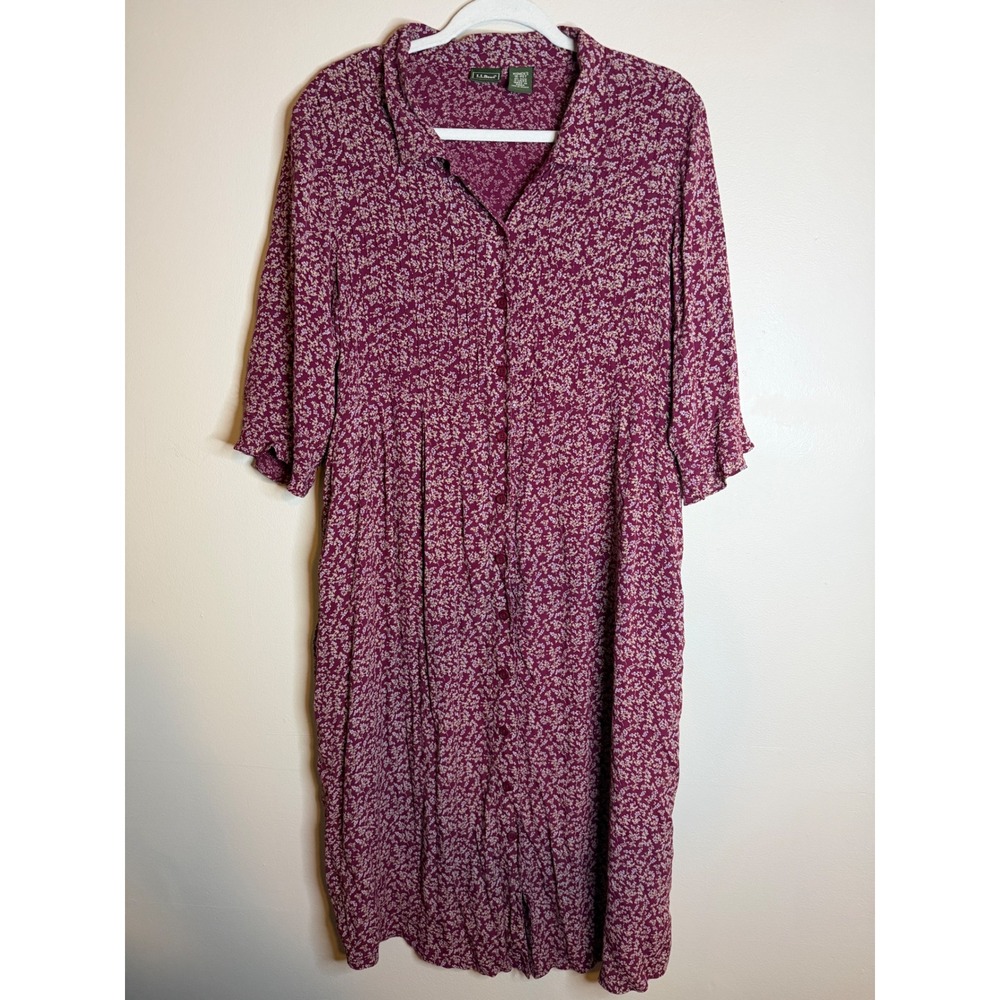 LL Bean Womens 16 Burgundy Fall Cottagecore Floral Rayon Button Front Midi Dress